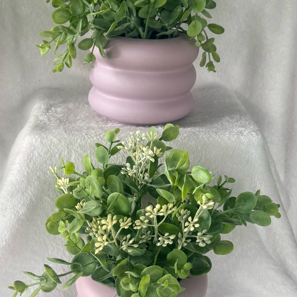 2 Soft purple Ceramic Planter with Lush Faux Greenery